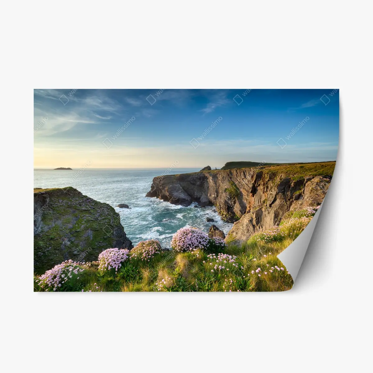 Adesivo riposizionabile scogliera fiorita al tramonto • Wallissimo®