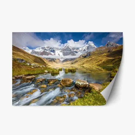 Adesivo riposizionabile paesaggio montano con lago e cime innevate • Wallissimo®