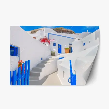 Adesivo riposizionabile panorama di case bianche e porte blu a Santorini • Wallissimo®