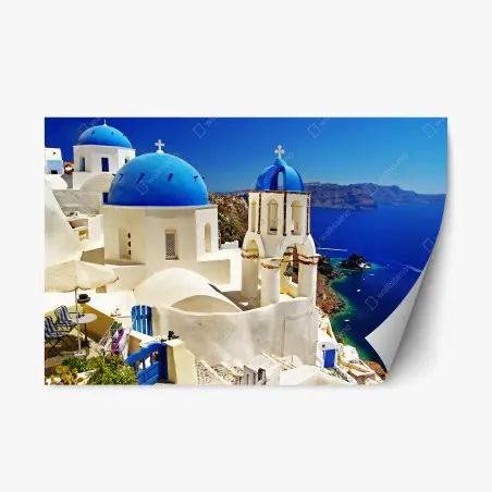 Adesivo riposizionabile cupole blu di Santorini sul mare • Wallissimo®