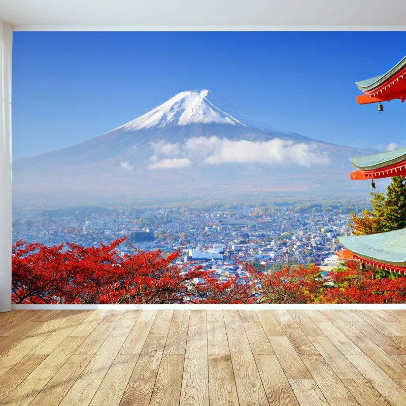 Carta da parati vista panoramica del Monte Fuji con pagoda in autunno