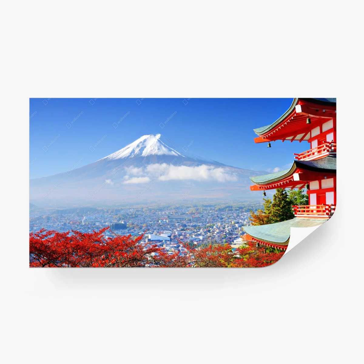 Carta da parati vista panoramica del Monte Fuji con pagoda in autunno • Wallissimo®