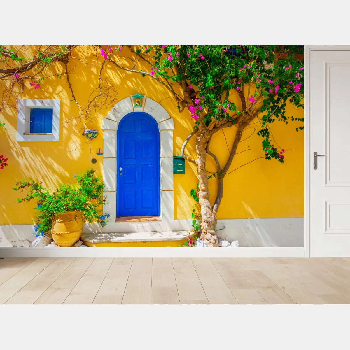 Carta da parati porta ad arco blu su muro giallo di Assos, Kefalonia • Wallissimo® Carta da parati porta ad arco blu su muro giallo di Assos, Kefalonia • Wallissimo®