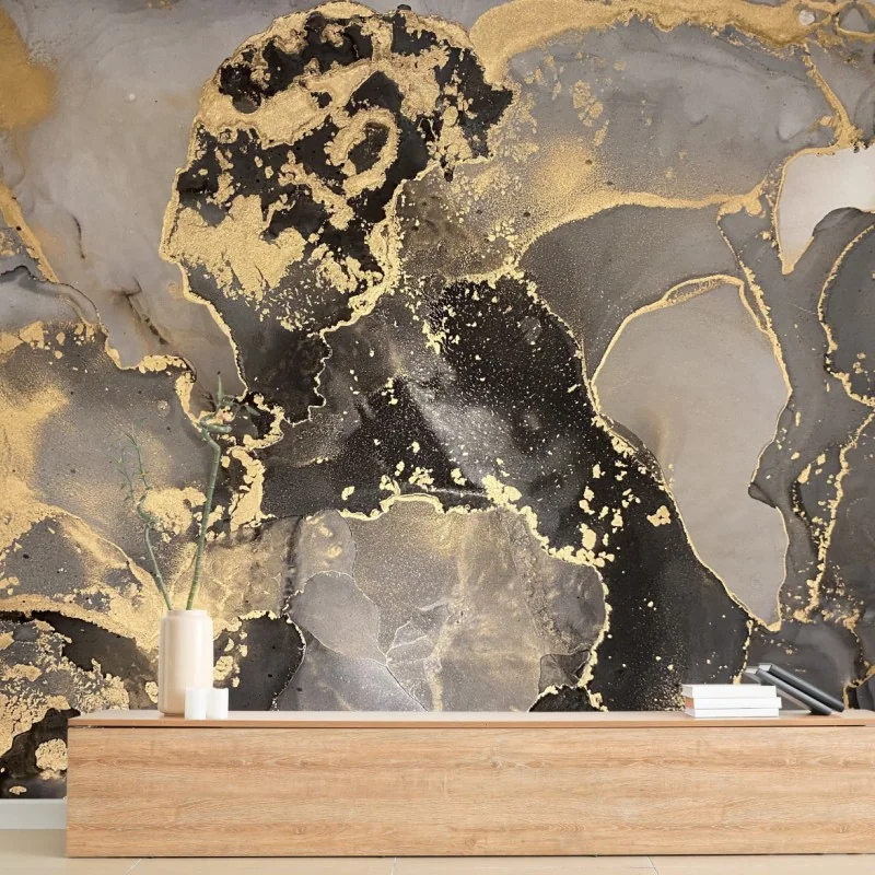 Carta da parati venature dorate su marmo nero