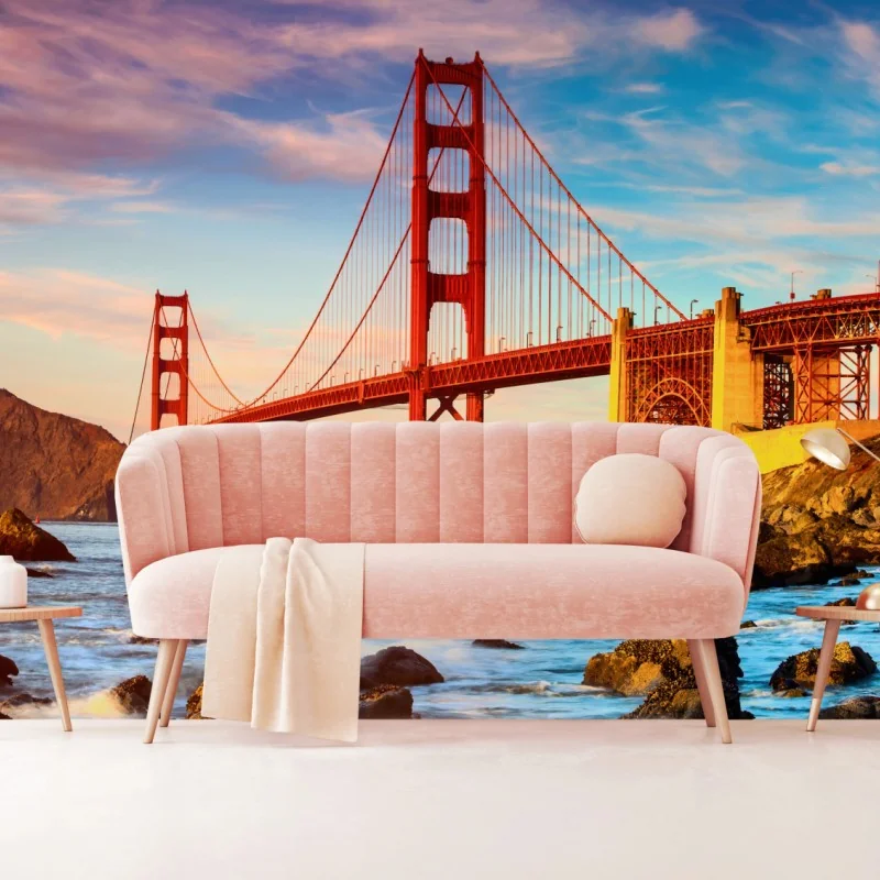 Carta da parati vista iconica del Golden Gate al tramonto