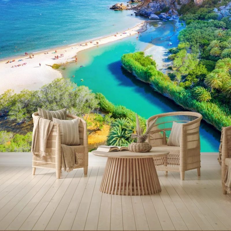 Carta da parati baia turchese con palme e spiaggia dorata