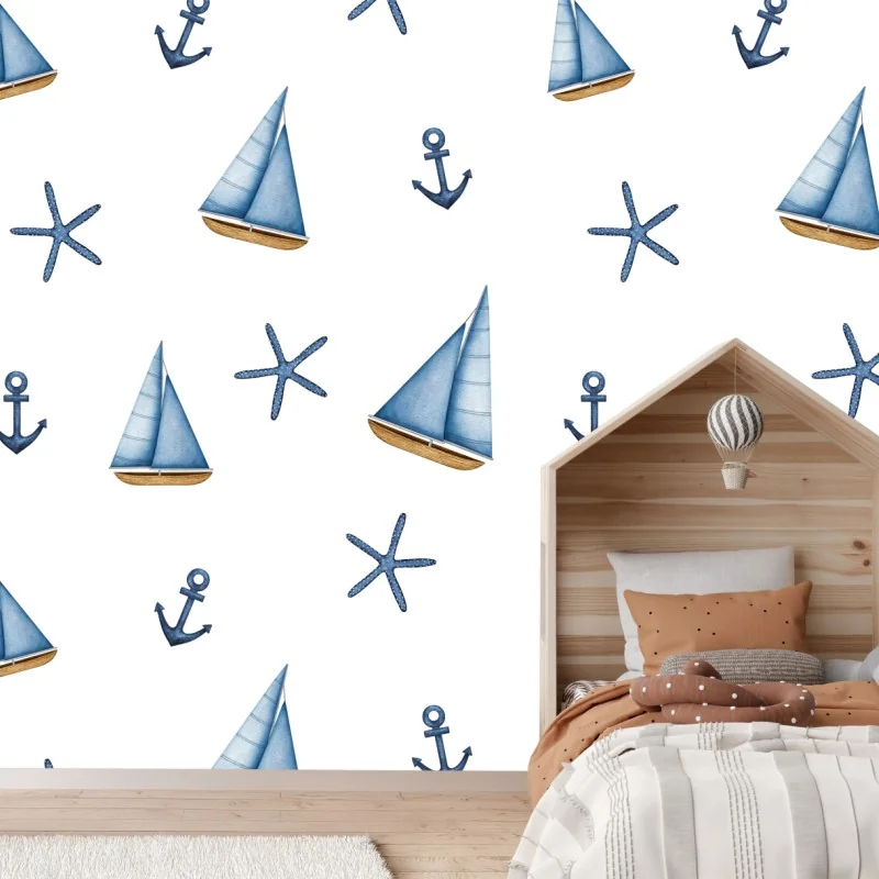 Carta da parati motivo nautico acquerellato con barche a vela