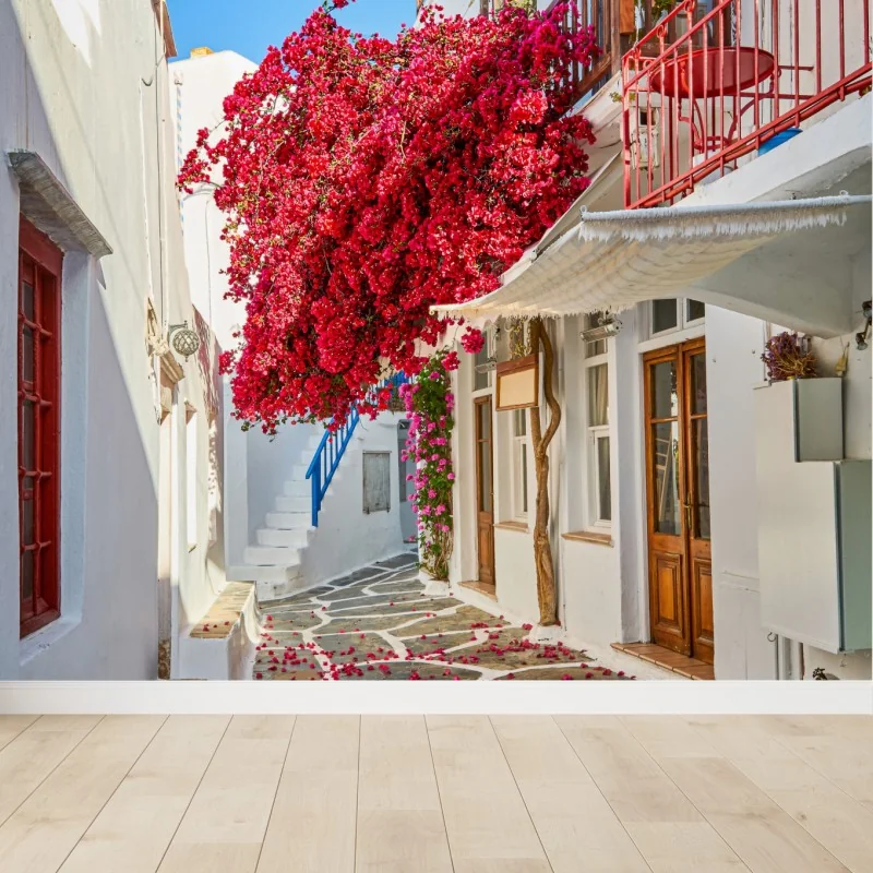 Carta da parati vicoletto fiorito con bougainvillea