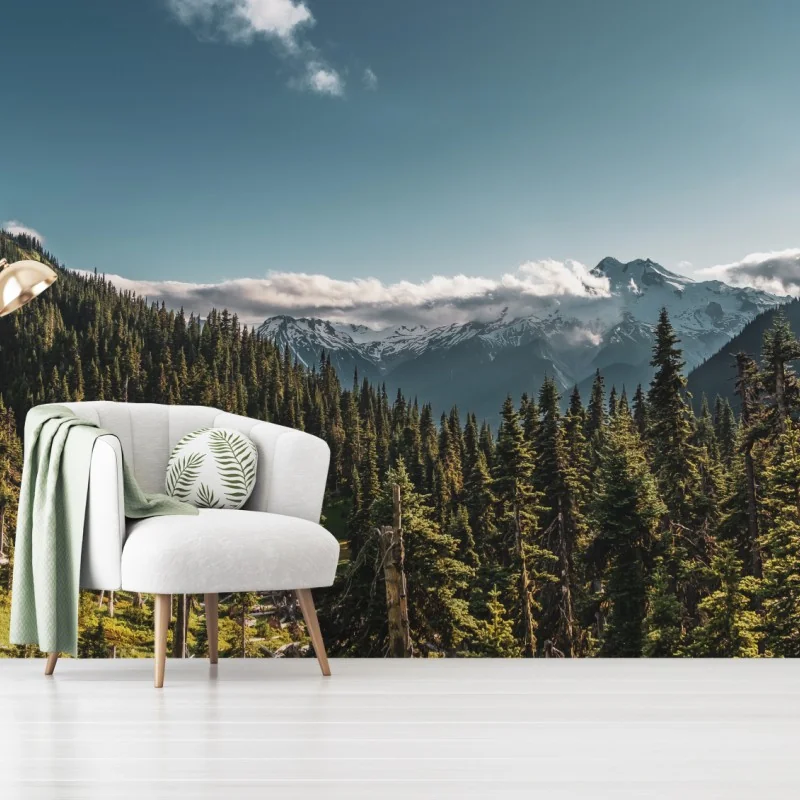 Carta da parati panorama montano tra pini e cime innevate