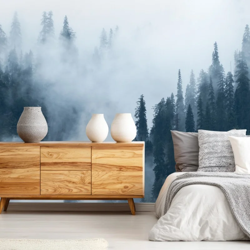 Carta da parati foresta di conifere nella nebbia