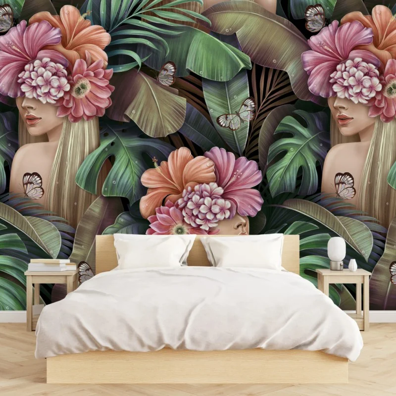 Carta da parati ritratto floreale tropicale su sfondo botanico