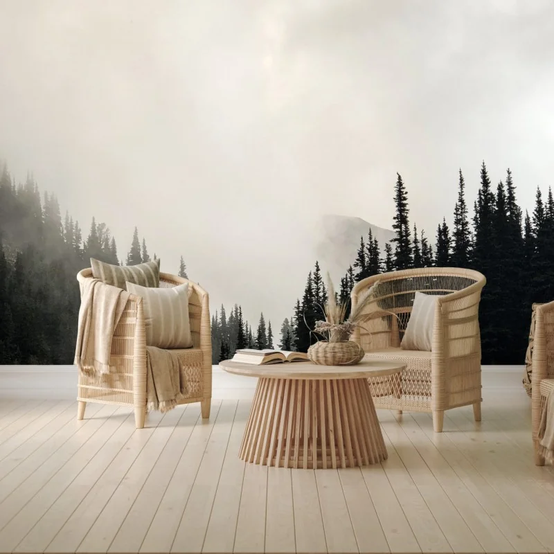 Carta da parati nebbia tra le conifere