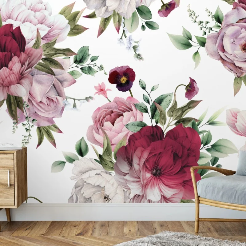 Carta da parati motivo di peonie acquerellate su sfondo chiaro
