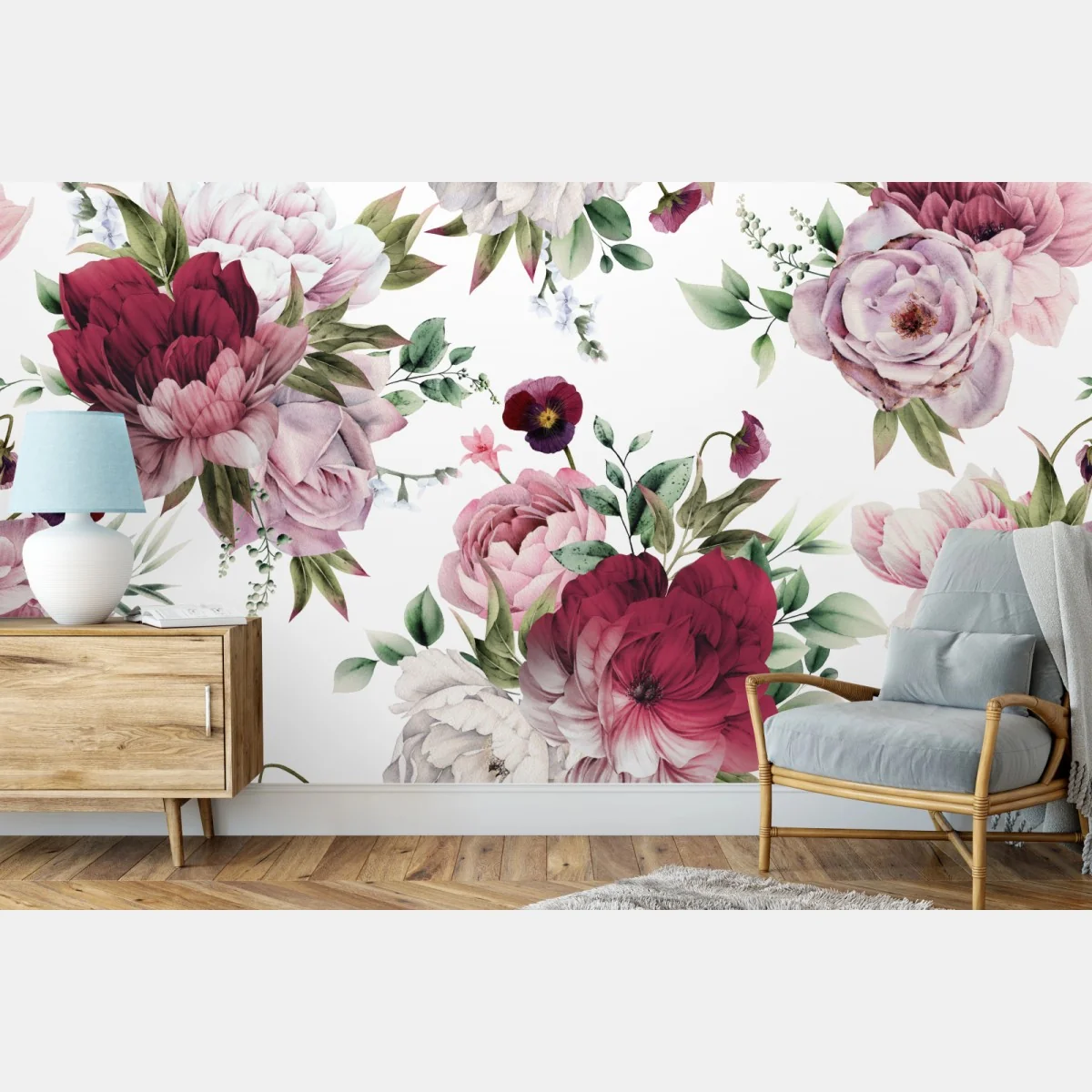 Carta da parati motivo di peonie acquerellate su sfondo chiaro • Wallissimo® Carta da parati motivo di peonie acquerellate su sfondo chiaro • Wallissimo®