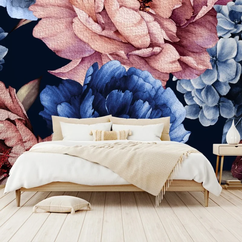 Carta da parati peonie acquerello su fondo blu notte