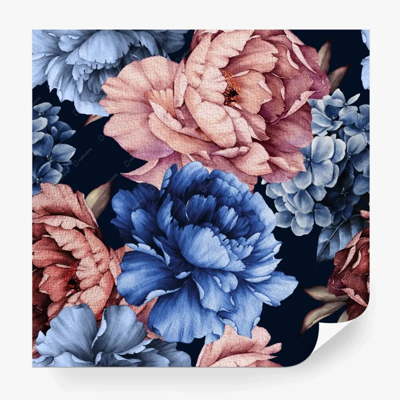 Carta da parati peonie acquerello su fondo blu notte