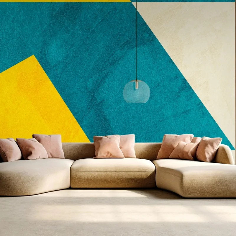 Carta da parati motivo geometrico in turchese e giallo