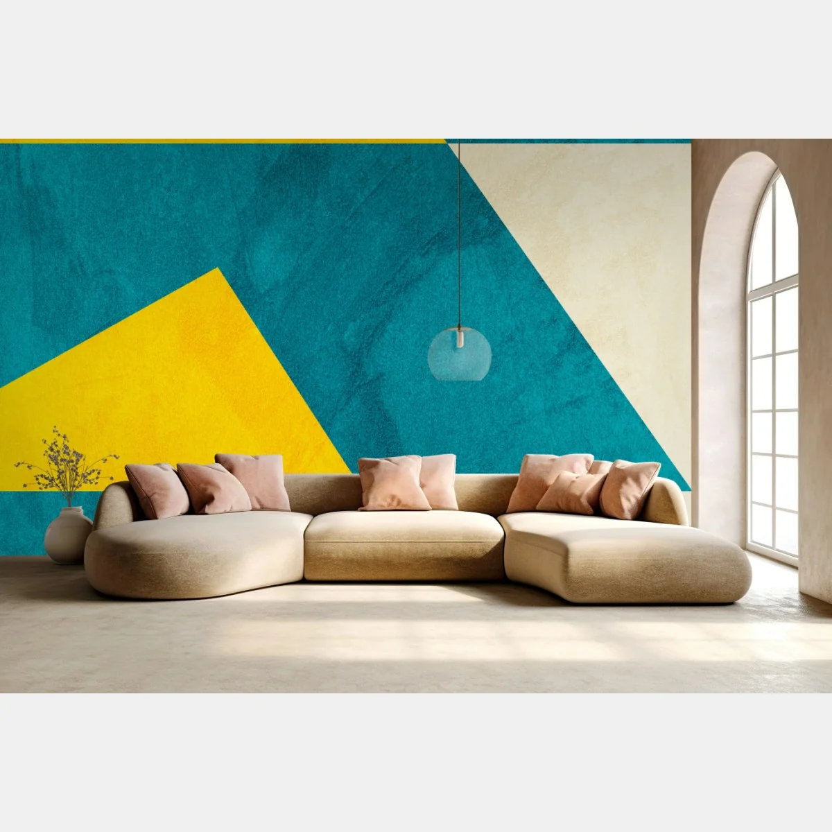 Carta da parati motivo geometrico in turchese e giallo • Wallissimo® Carta da parati motivo geometrico in turchese e giallo • Wallissimo®