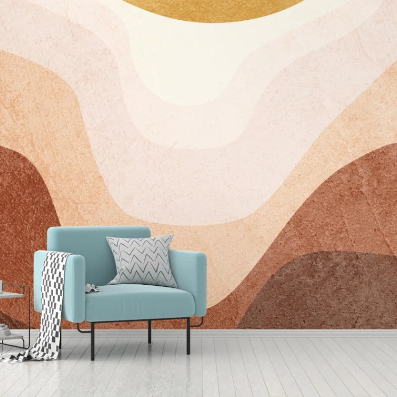 Carta da parati paesaggio astratto con sole dorato e colline stratificate