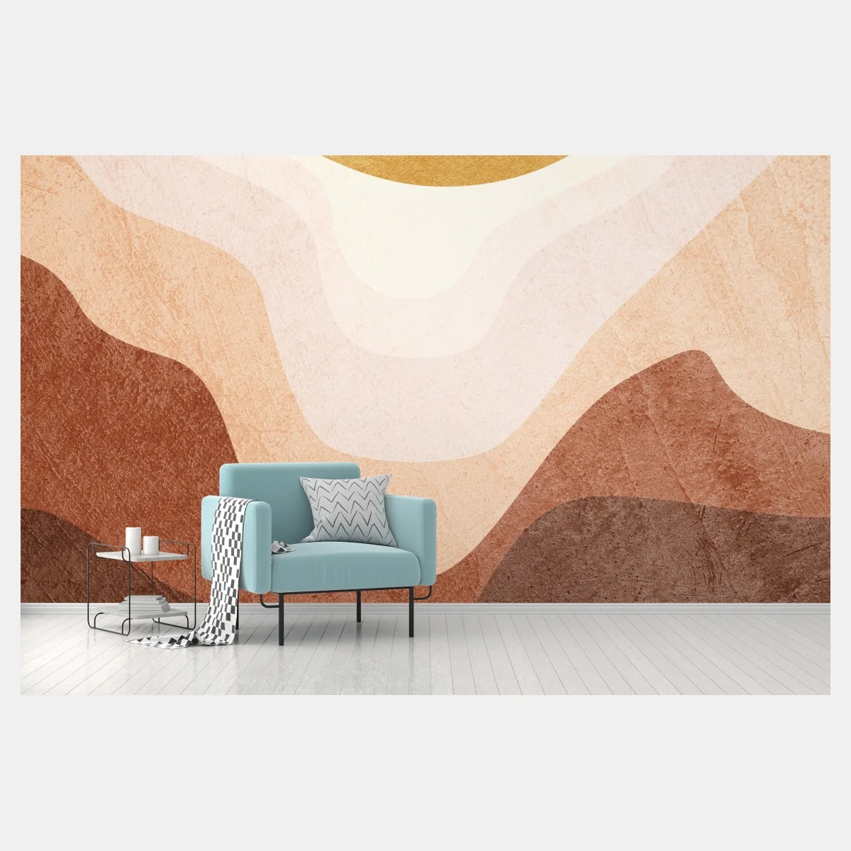 Carta da parati paesaggio astratto con sole dorato e colline stratificate • Wallissimo® Carta da parati paesaggio astratto con sole dorato e colline stratificate • Wallissimo®