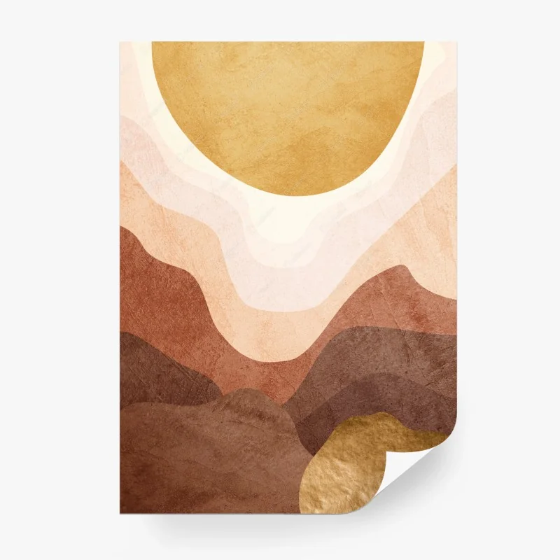 Carta da parati paesaggio astratto con sole dorato e colline stratificate