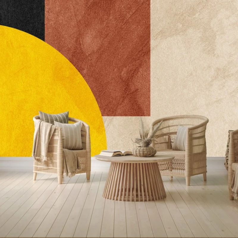 Carta da parati composizione geometrica minimalista con cerchio giallo • Wallissimo®