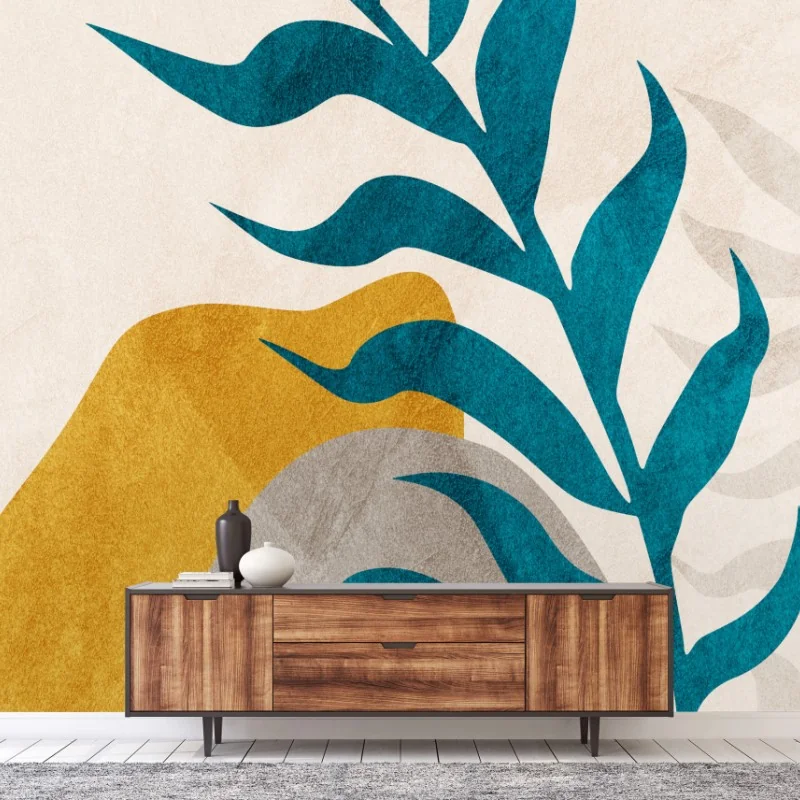 Carta da parati composizione botanica astratta con foglie turchesi