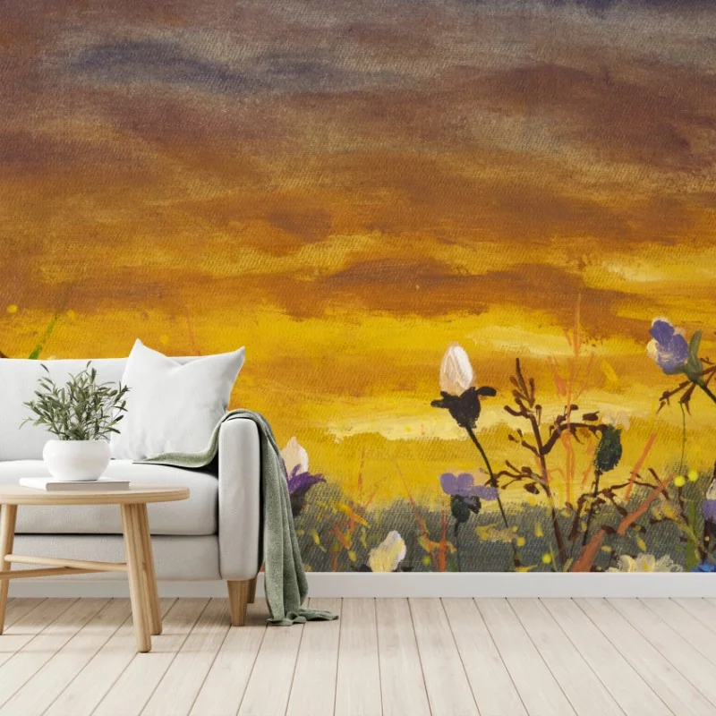 Carta da parati campo di margherite al tramonto in stile impressionista