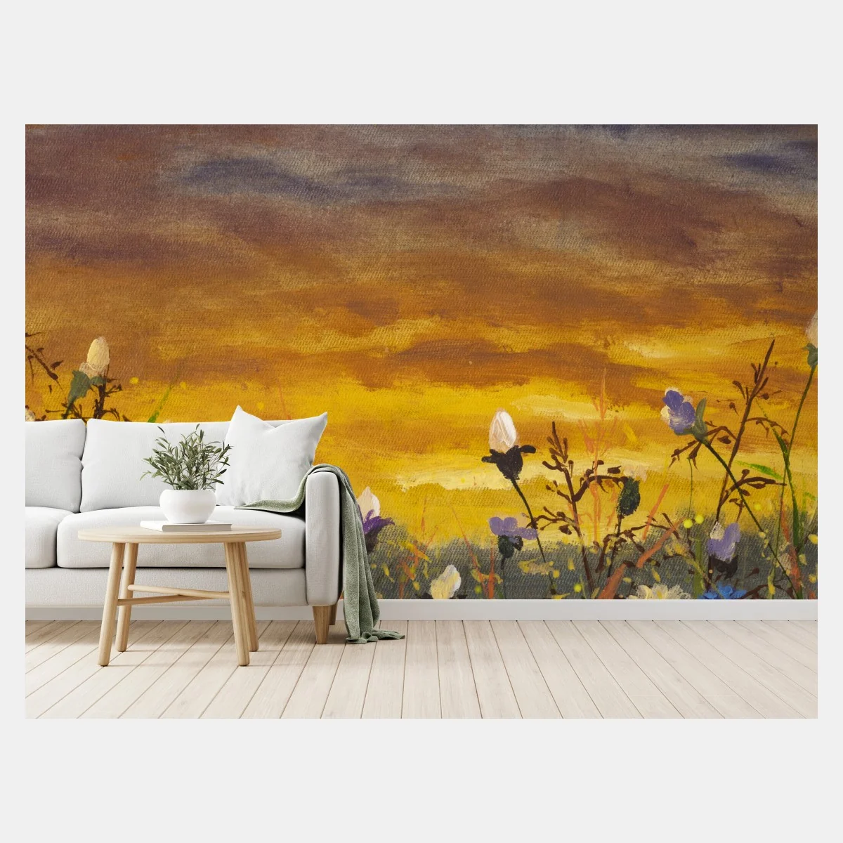 Carta da parati campo di margherite al tramonto in stile impressionista • Wallissimo® Carta da parati campo di margherite al tramonto in stile impressionista • Wallissimo®