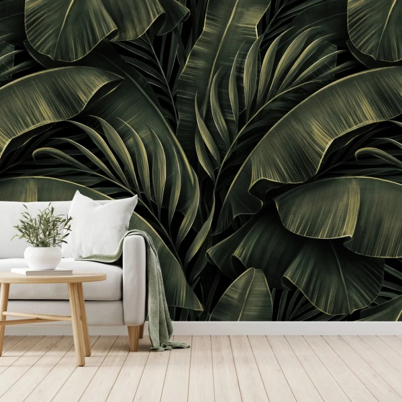 Carta da parati fogliame tropicale in verde scuro