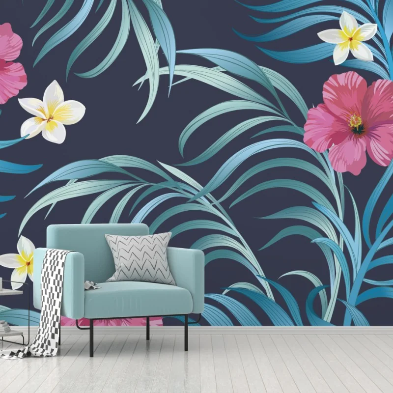 Carta da parati motivo tropicale con hibiscus e foglie blu