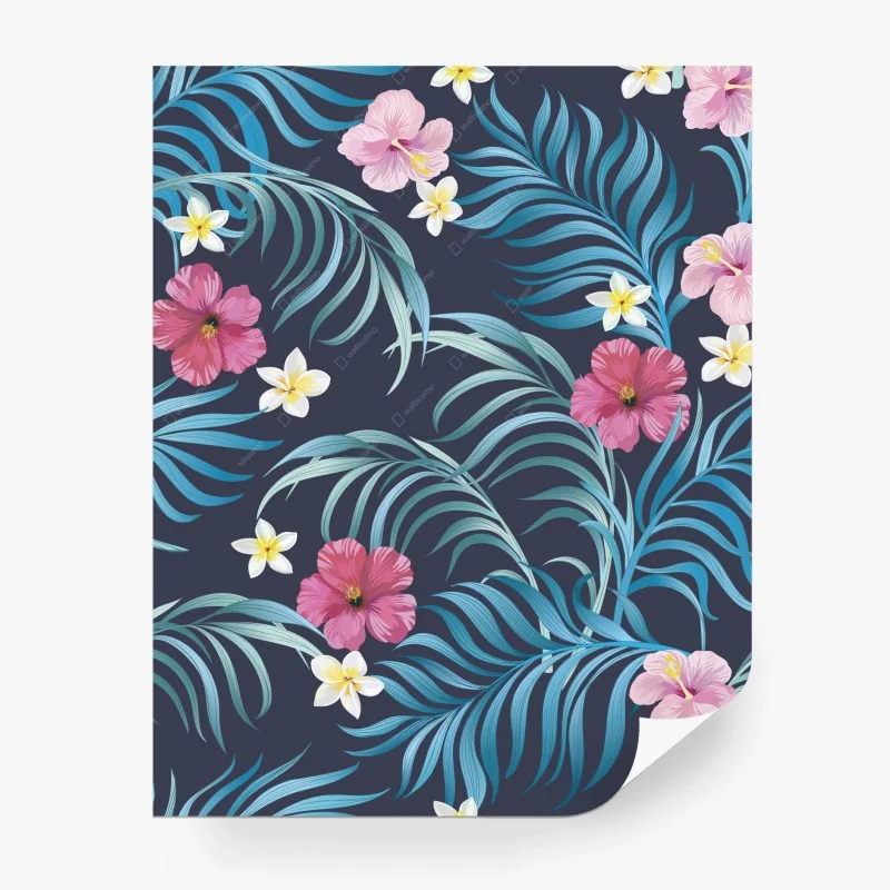 Carta da parati motivo tropicale con hibiscus e foglie blu