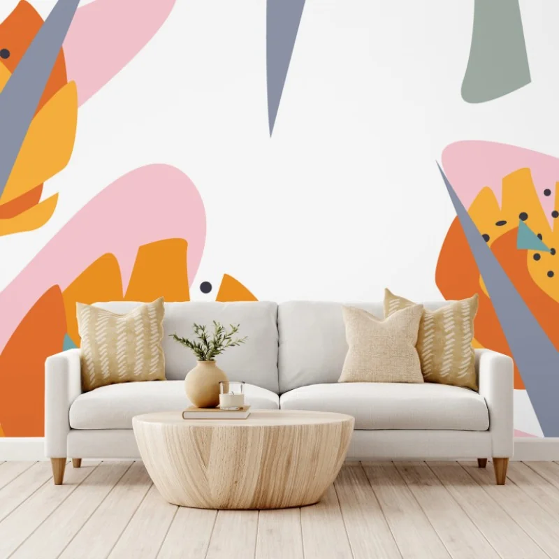 Carta da parati motivo botanico astratto in arancione e rosa