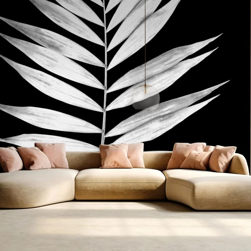Carta da parati foglia di palma in bianco e nero minimalista