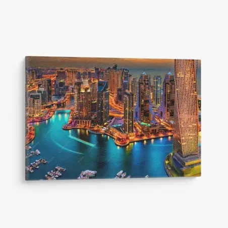 Quadro su tela panorama notturno di Dubai Marina • Wallissimo®