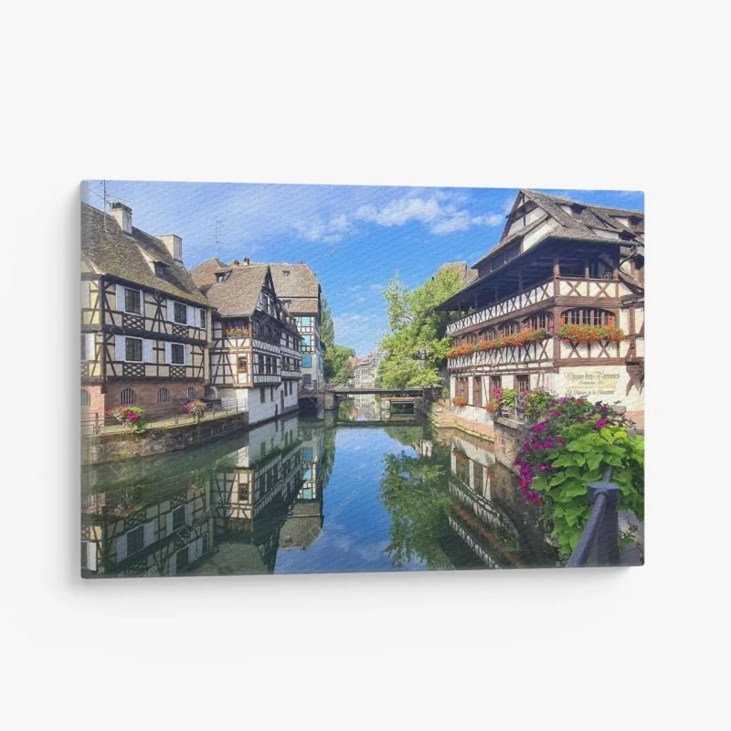 Quadro su tela paesaggio di case a graticcio sul canale a Strasbourg