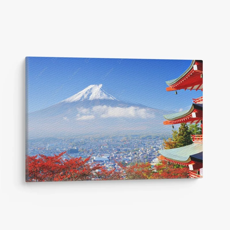 Quadro su tela vista panoramica del Monte Fuji con pagoda in autunno