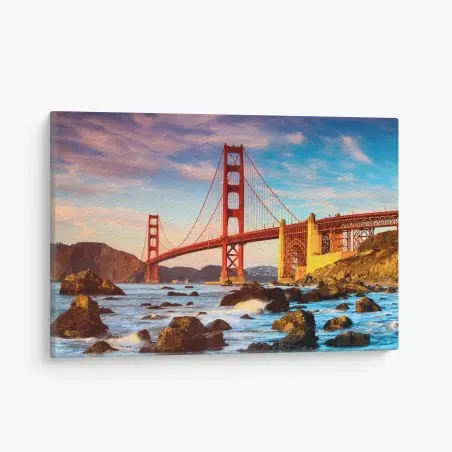 Quadro su tela vista iconica del Golden Gate al tramonto • Wallissimo®