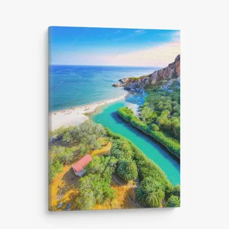 Quadro su tela baia turchese con palme e spiaggia dorata • Wallissimo®