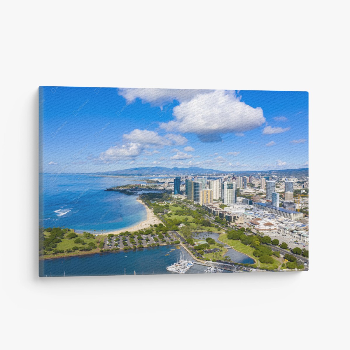Quadro su tela panorama costiero di Honolulu con skyline e spiaggia • Wallissimo® Quadro su tela panorama costiero di Honolulu con skyline e spiaggia • Wallissimo®