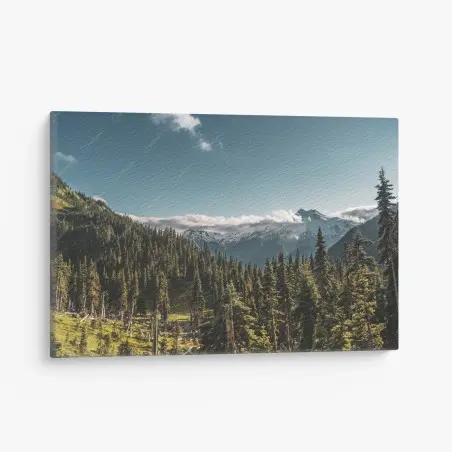 Quadro su tela panorama montano tra pini e cime innevate • Wallissimo®