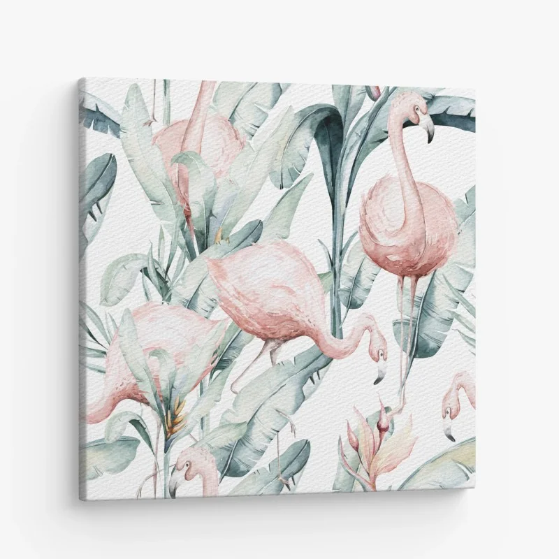 Quadro su tela motivo di fenicotteri tropicali in acquerello
