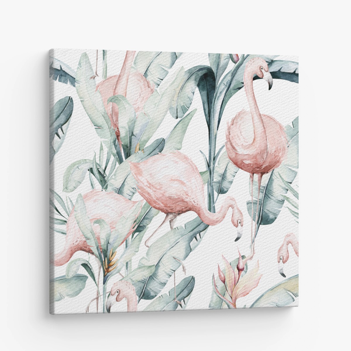 Quadro su tela motivo di fenicotteri tropicali in acquerello • Wallissimo®