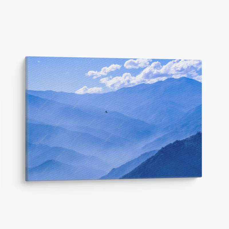 Quadro su tela orizzonti blu: montagne nebbiose e uccello in volo