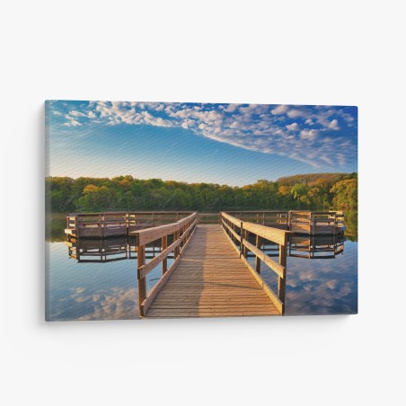 Quadro su tela pontile sul lago al tramonto • Wallissimo®