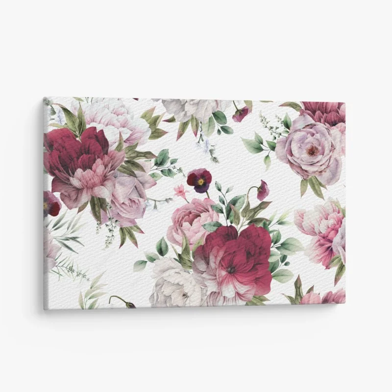 Quadro su tela motivo di peonie acquerellate su sfondo chiaro