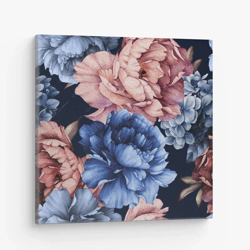 Quadro su tela peonie acquerello su fondo blu notte