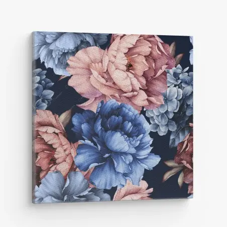 Quadro su tela peonie acquerello su fondo blu notte • Wallissimo®