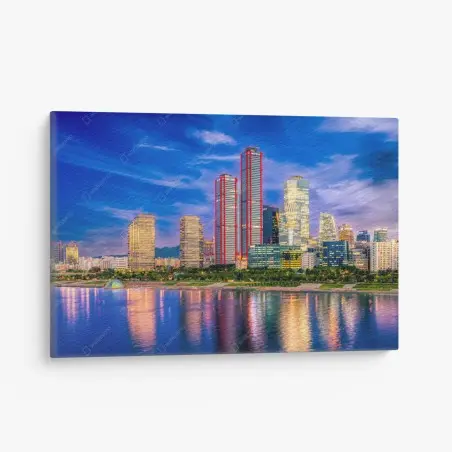 Quadro su tela skyline notturno con riflessi sul fiume • Wallissimo®