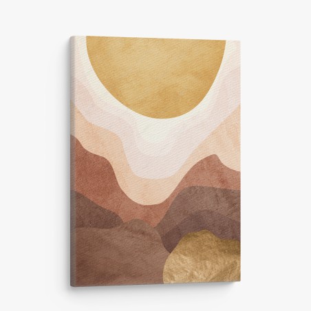 Quadro su tela paesaggio astratto con sole dorato e colline stratificate • Wallissimo®